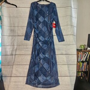Reba Size XL Long Sleeve Fitted Faux Denim Patchwork Maxi Dress NWT 1094
